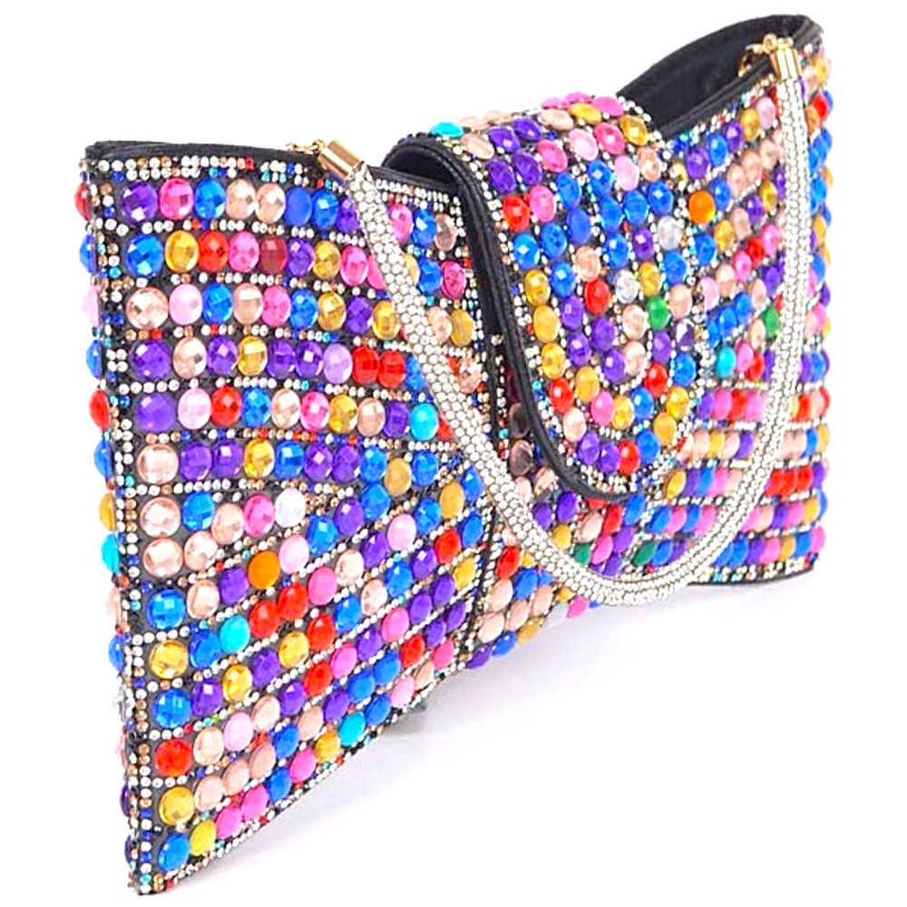 Elegant Rainbow Rhinestone Pave Stone Bow Tie Clutch Bag